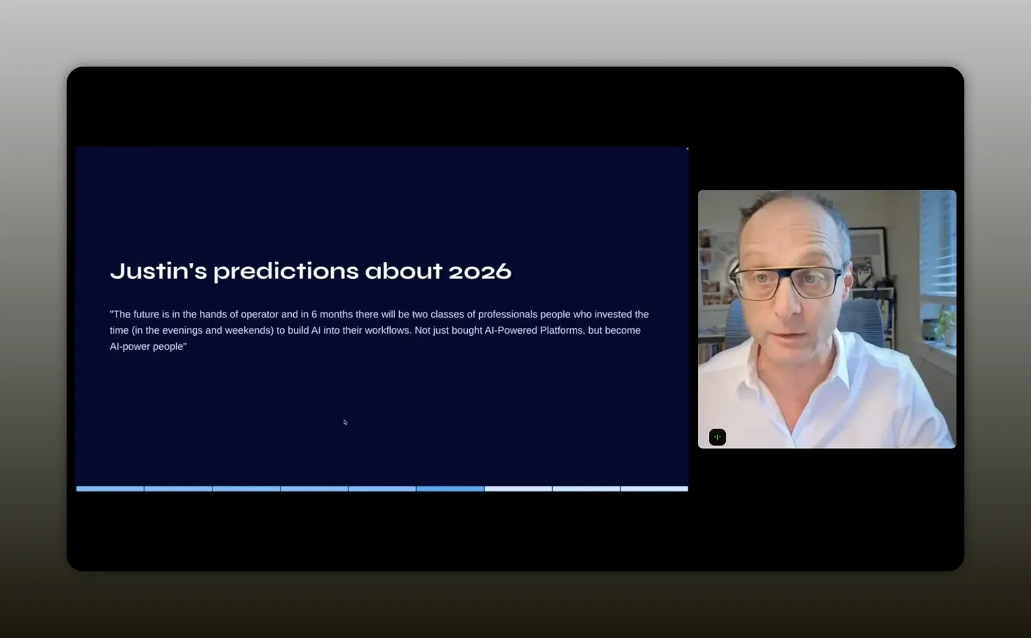 Justin Zimmerman slide titled “Justin’s predictions about 2026” showing a quote about operators building AI into workflows