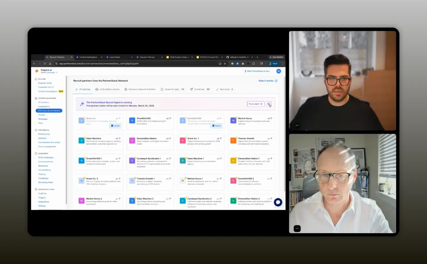 PartnerStack recruit agent screen showing recommended network partners and agent status