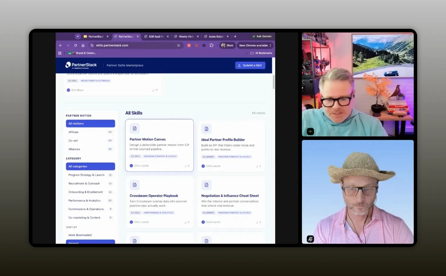 PartnerStack AI skills marketplace showing cards for partnership workflows