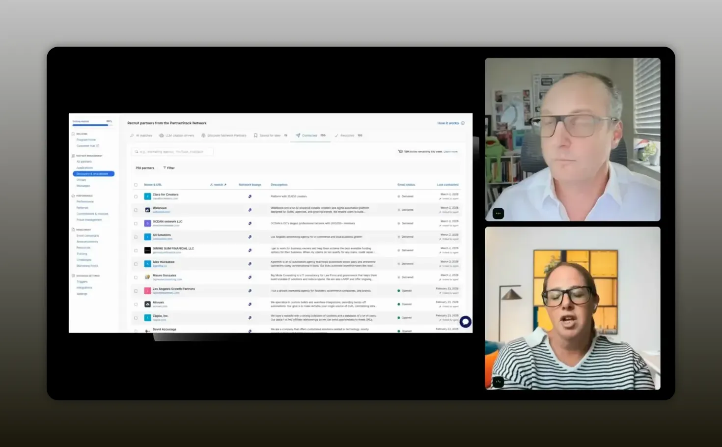 PartnerStack recruitment network screen with partner list and email status tracking