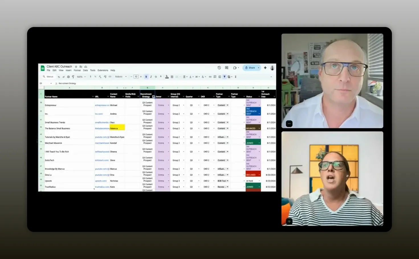 Manual partner list spreadsheet with outreach and status columns showing the time-intensive process