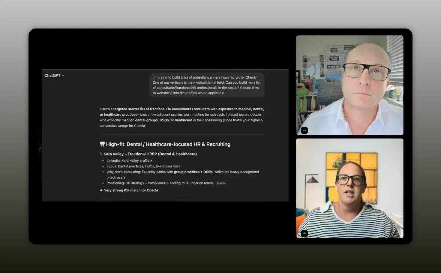 Screenshot of ChatGPT producing a targeted partner list for recruiting, shown during a discussion of one-person teams