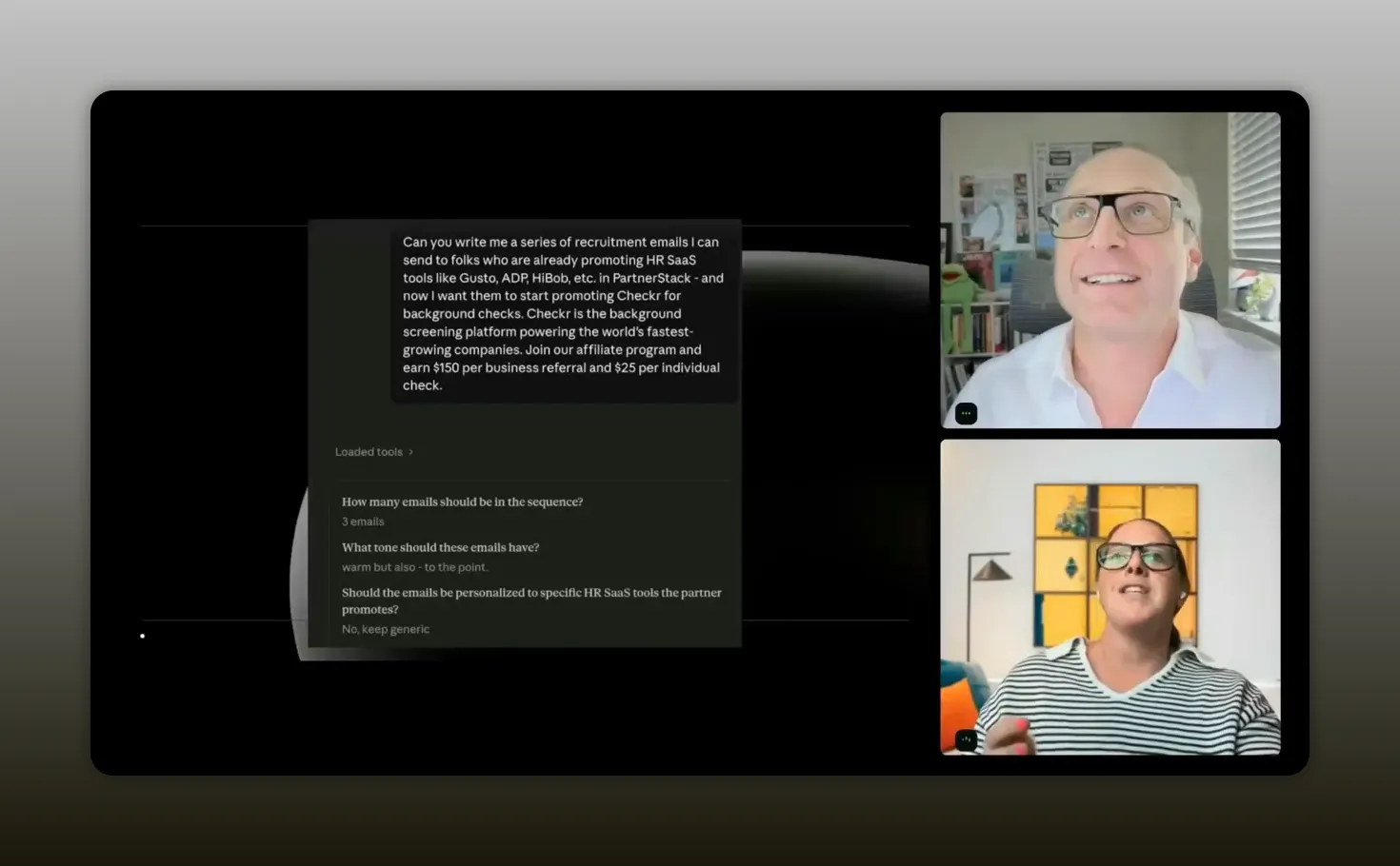 Screenshot of an AI chat generating a recruitment email sequence with partner program outreach prompts, shown alongside Erica Groden and Justin Zimmerman on a video call