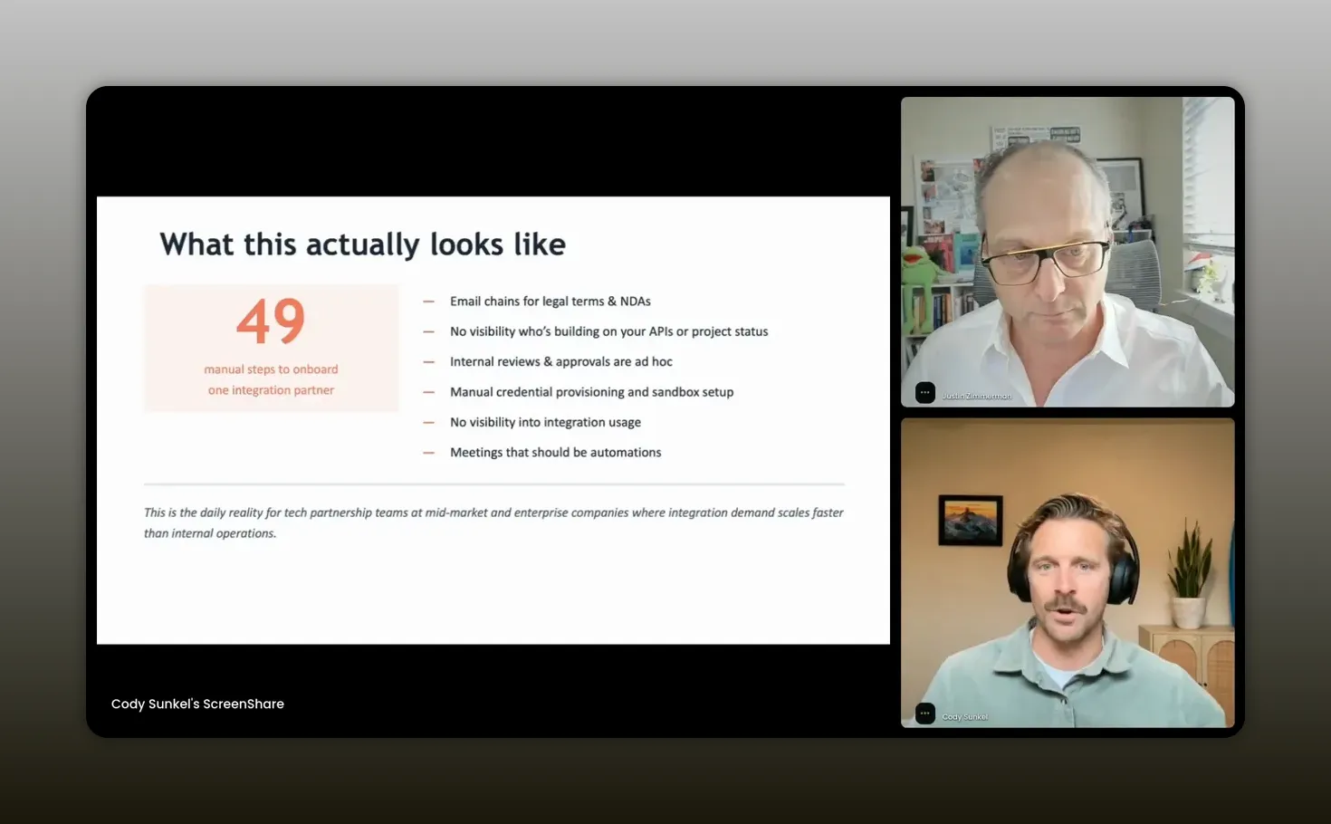“What this actually looks like” slide showing 49 manual onboarding steps, including manual credential provisioning and lack of visibility into integration usage.