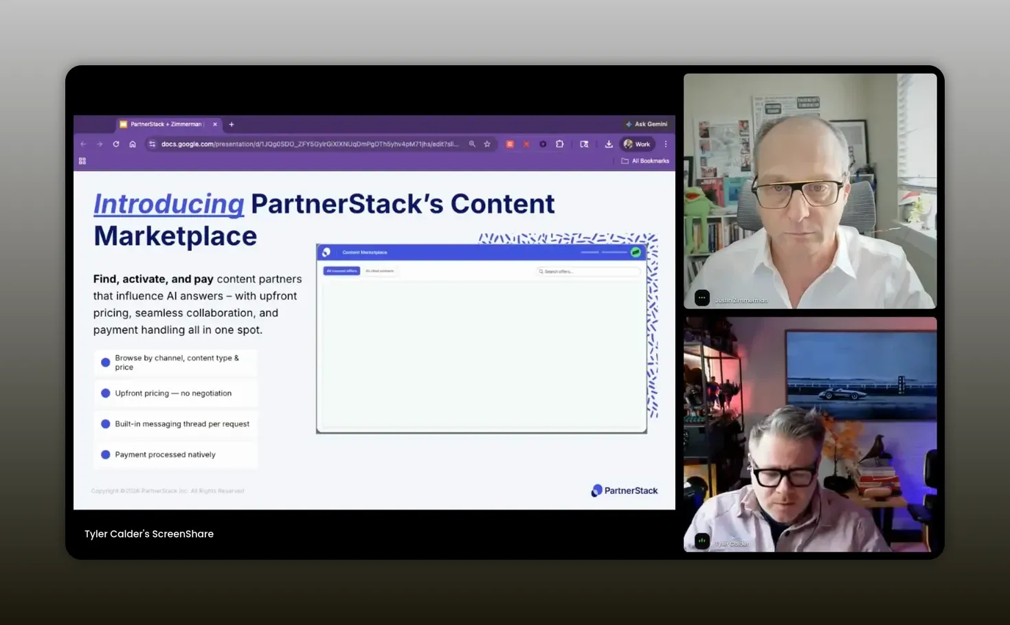 PartnerStack Content Marketplace slide explaining how to find, activate, and pay content partners influencing AI answers