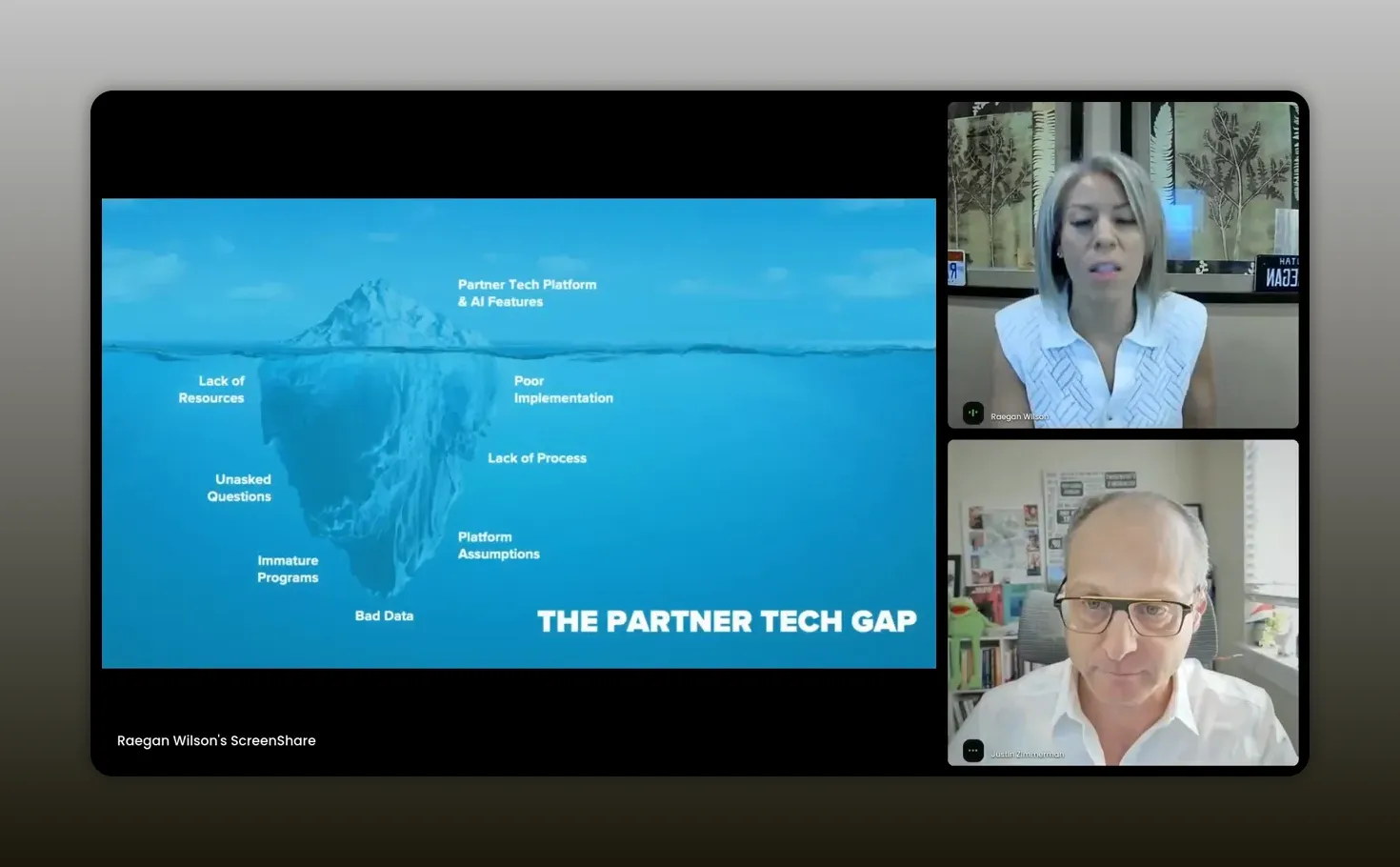 Slide showing the Partner Tech Gap with “The Partner Tech Gap” and contributors like lack of resources, poor implementation, lack of process, platform assumptions, immature programs, and bad data.