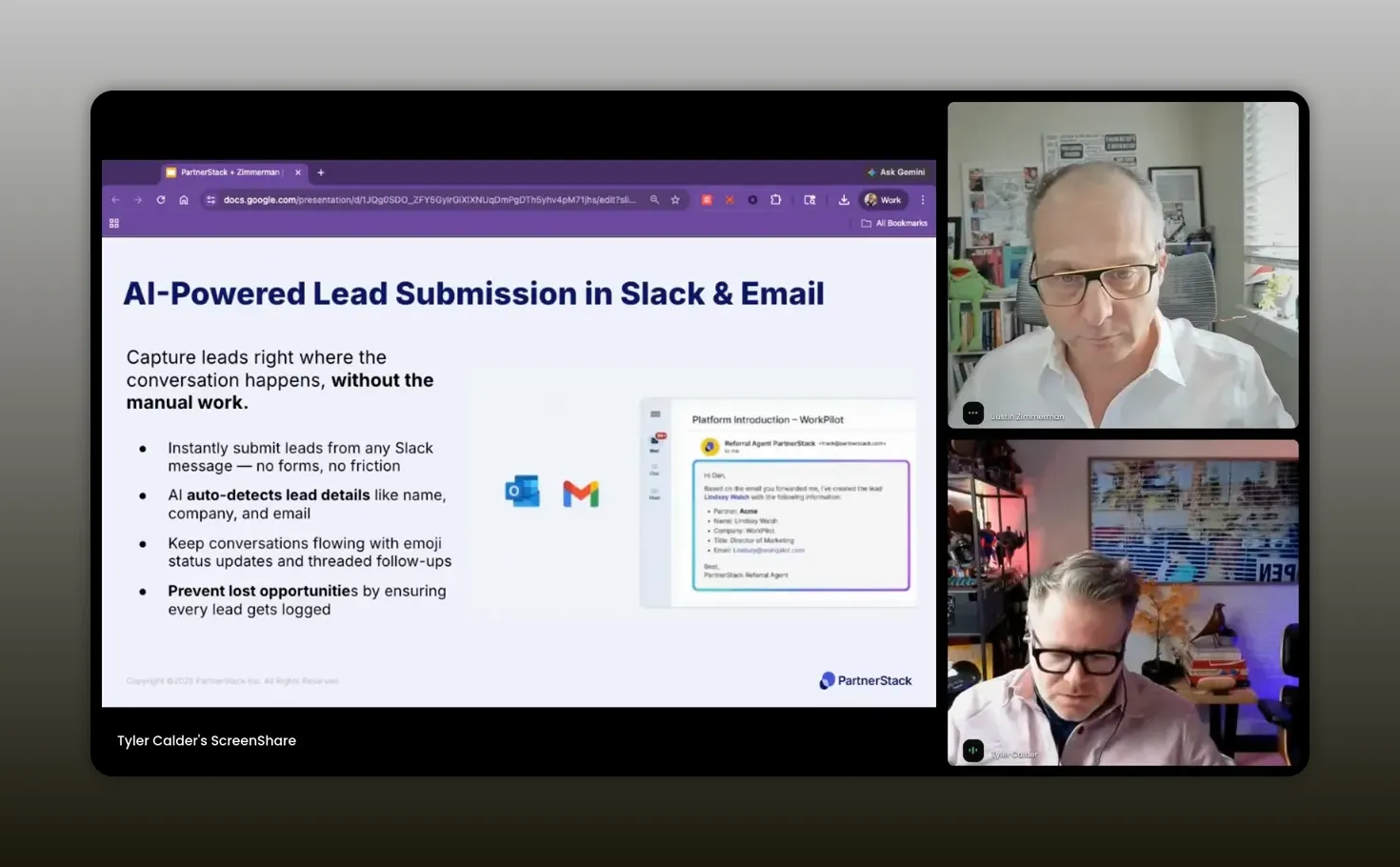 Screenshot of the slide 'AI-Powered Lead Submission in Slack & Email' showing Slack and email lead capture benefits