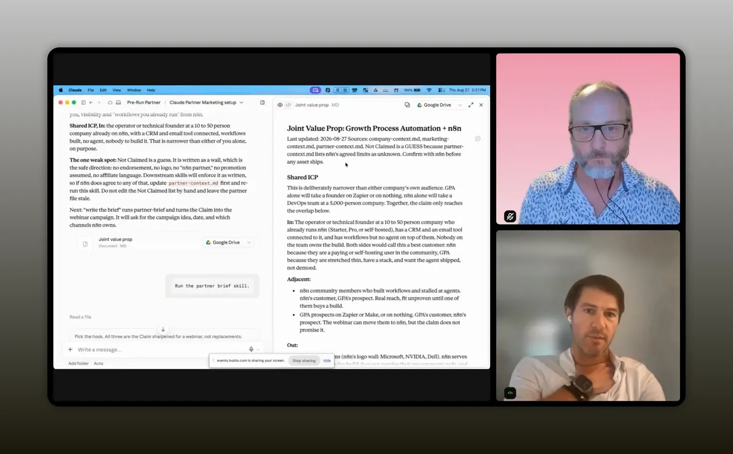 Claude workspace showing a detailed joint value proposition document