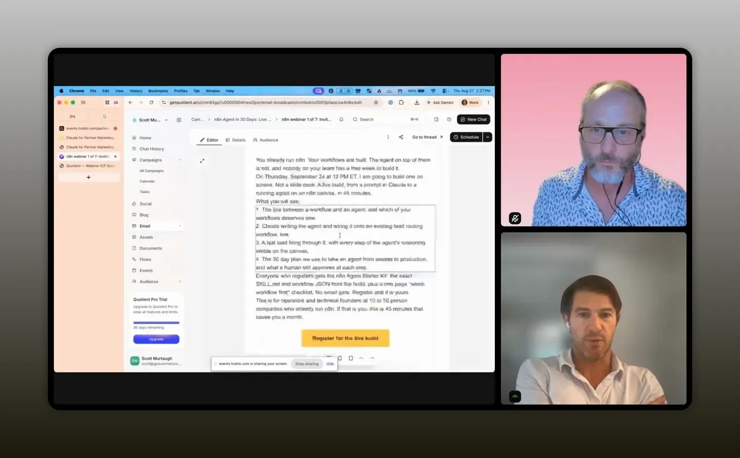Marketing platform showing an email editing panel with campaign content