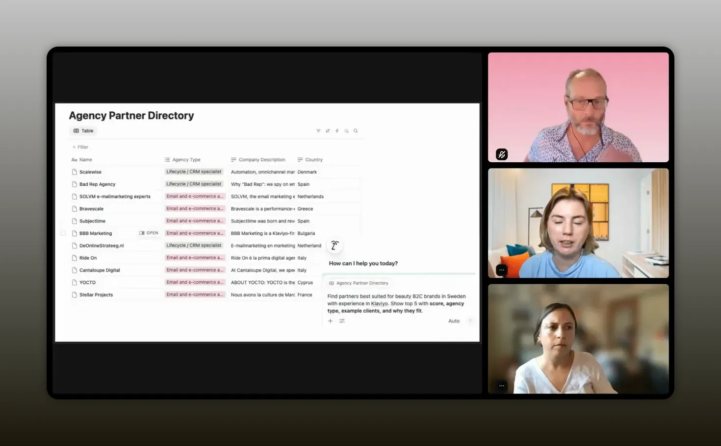 Notion partner directory table with partner information columns