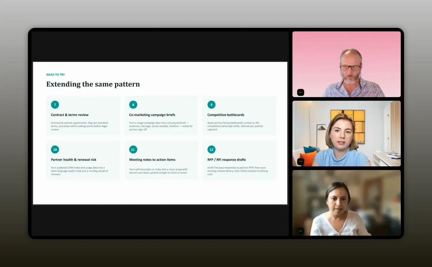 Slide listing AI use cases including contract review and meeting action items
