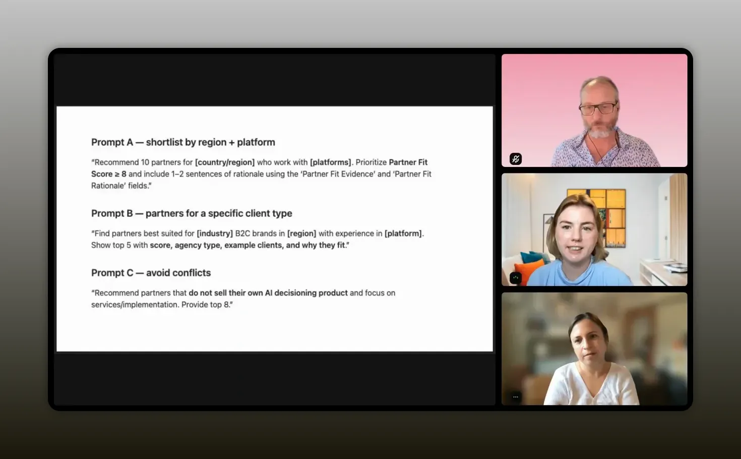 Slide showing a partner recommendation query and AI response
