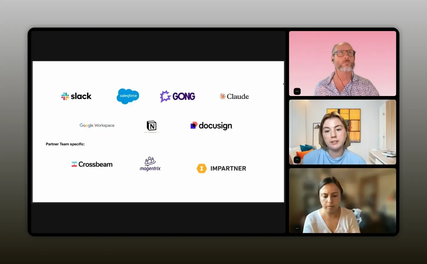 Slide showing logos for Claude Slack Gong Notion Crossbeam and partner platforms
