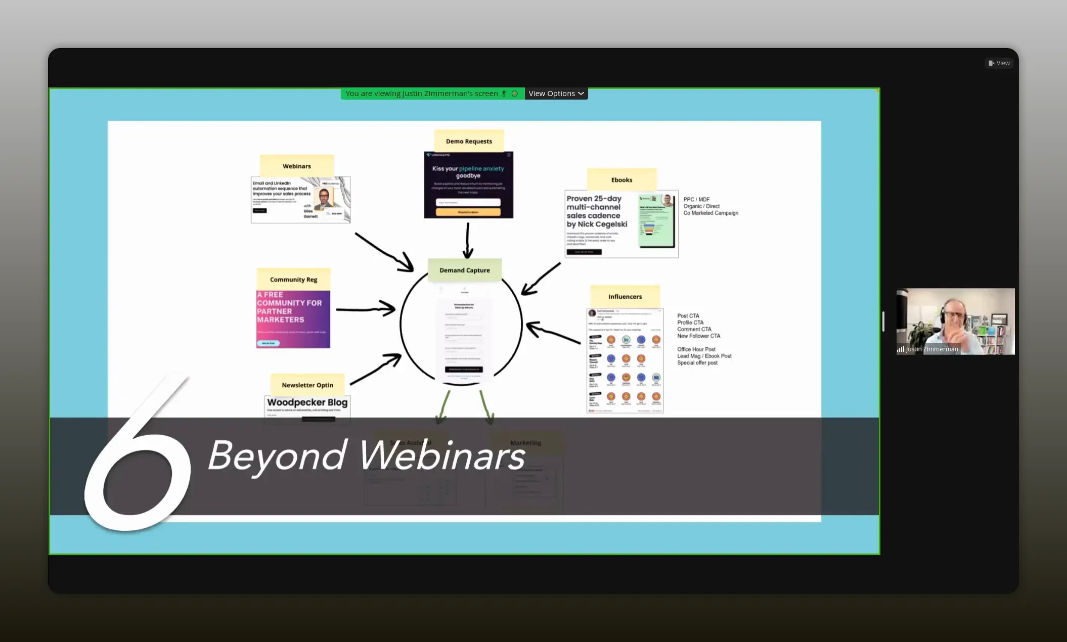 Webinar presenter centered on screen, wearing headphones, speaking into a microphone with a bookshelf behind them.