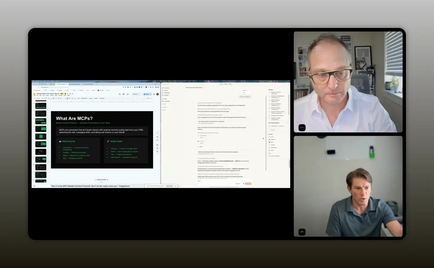 Claude Co-Work workflow screen showing an output document while running a research skill