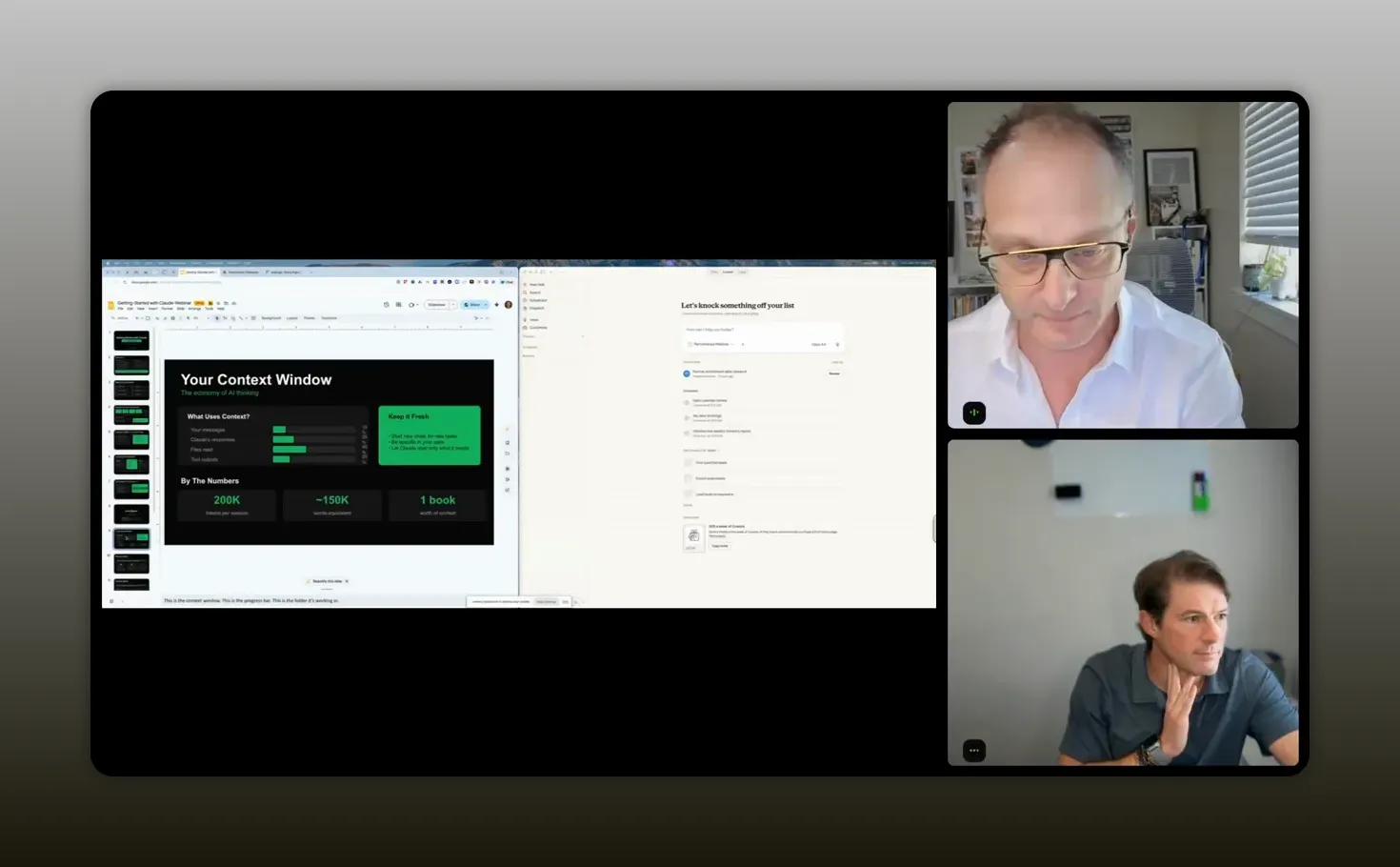 Screenshot from Claude Co-Work demo showing a workflow execution interface and accompanying slide about building files and workflows