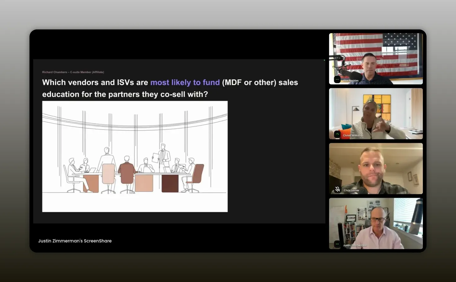 Presentation slide asking which vendors and ISVs fund partner sales education with four panelist video feeds on the right
