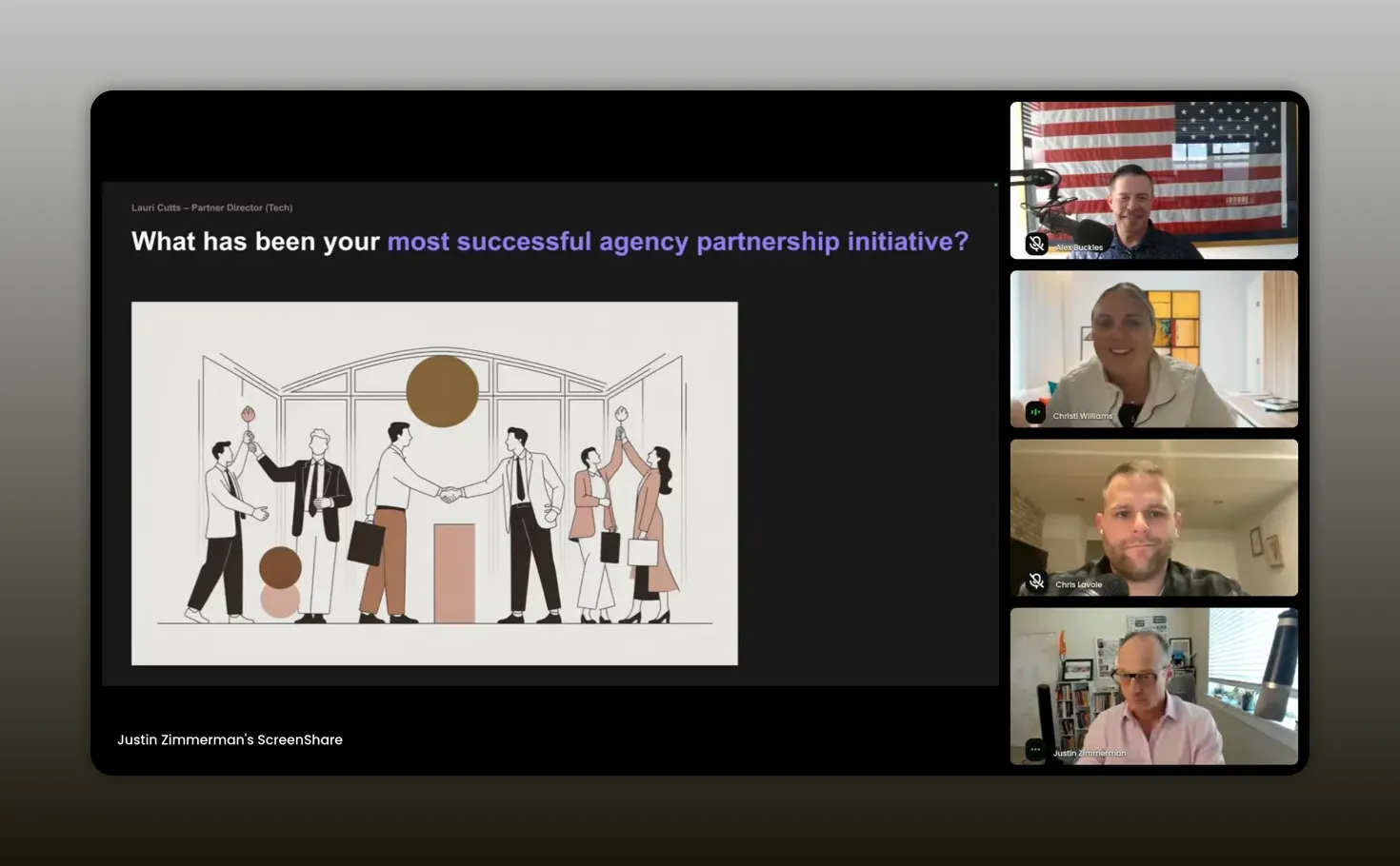 Clear webinar screenshot: slide titled 'What has been your most successful agency partnership initiative?' with four panelist thumbnails visible on the right.