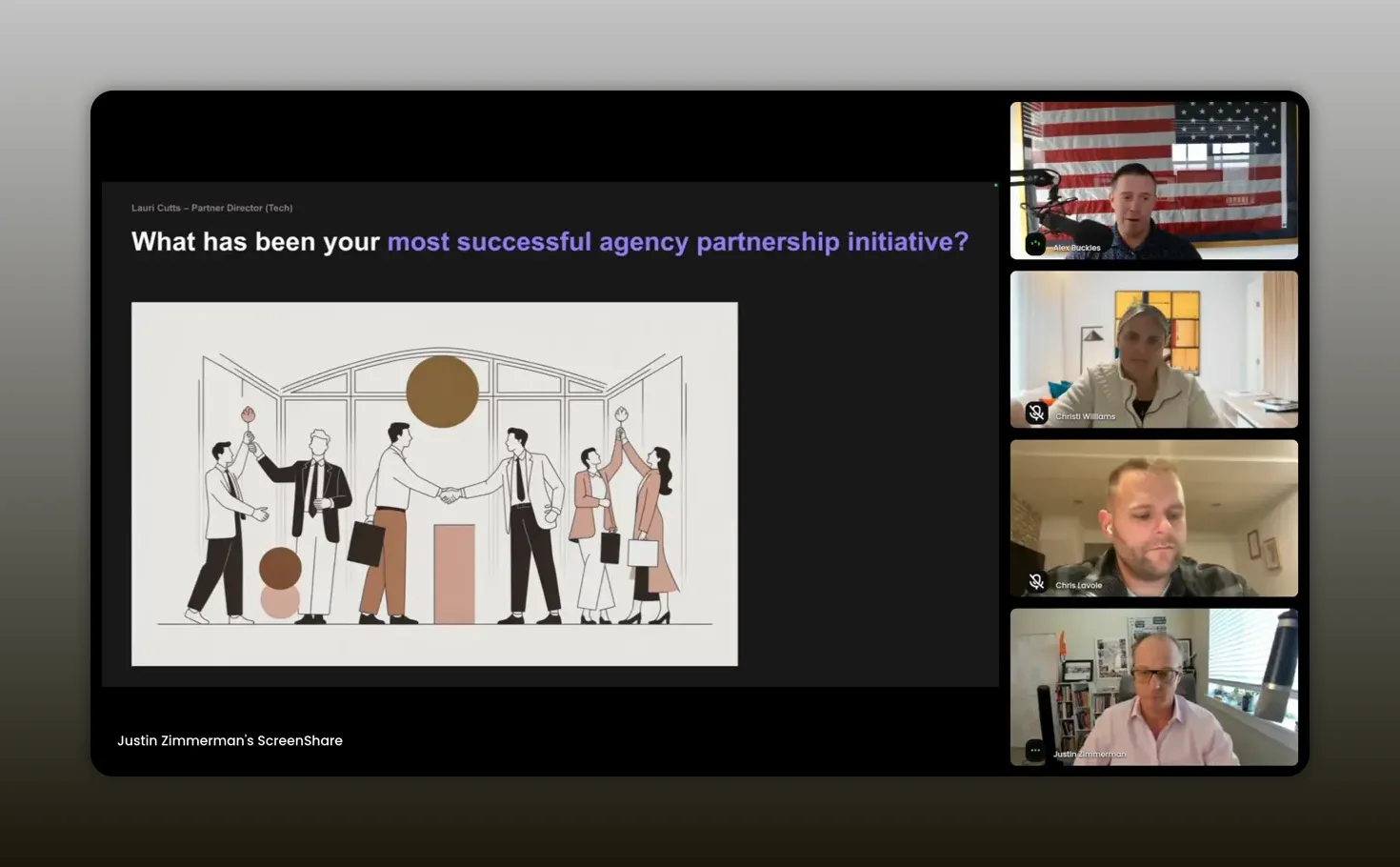 Clear webinar screenshot: partnership slide plus four panelist video windows, good clarity and composition for blog use.