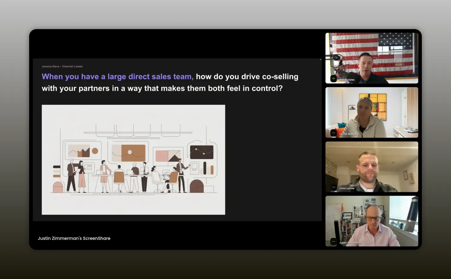 Webinar screenshot of a slide reading 'When you have a large direct sales team…' with four panelist video windows arranged vertically on the right.