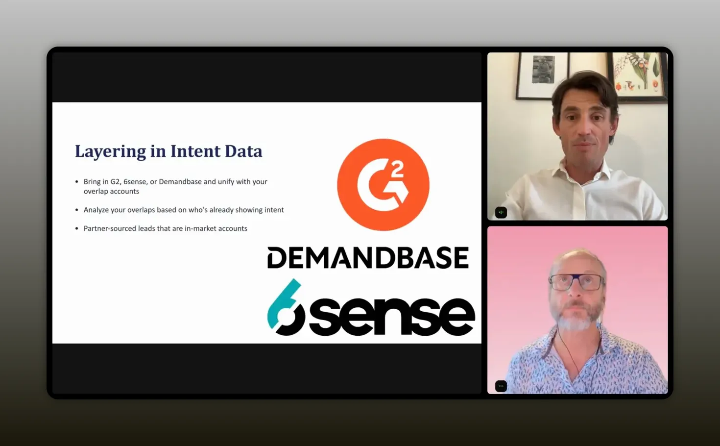Presentation slide titled Layering in intent data with G2 Demandbase and 6sense logos