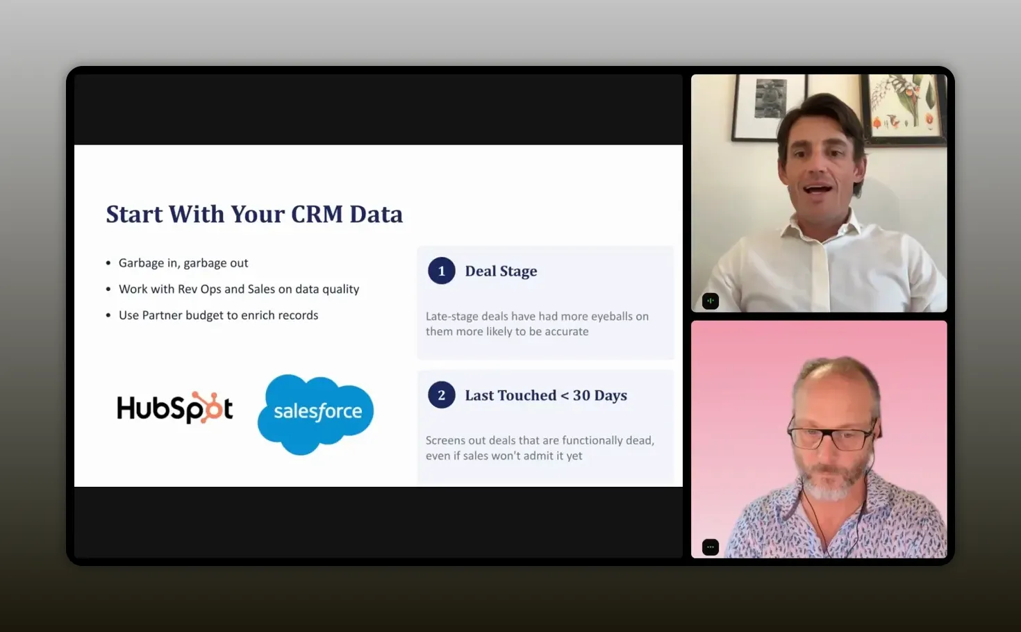 Presentation slide titled Start with your CRM data showing HubSpot and Salesforce logos