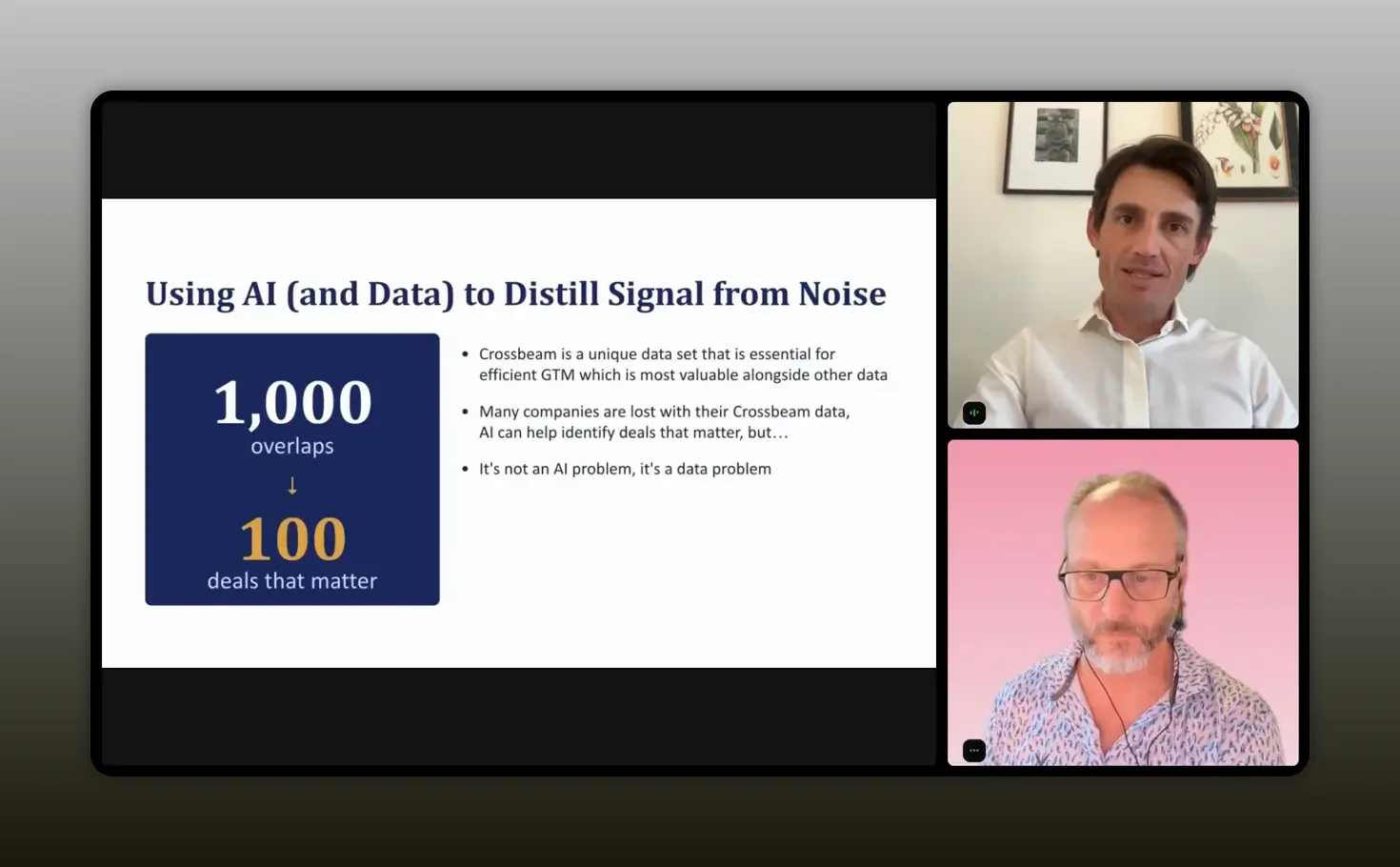 Presentation slide titled From 1,000 overlaps to 100 deals with a blue graphic showing 100