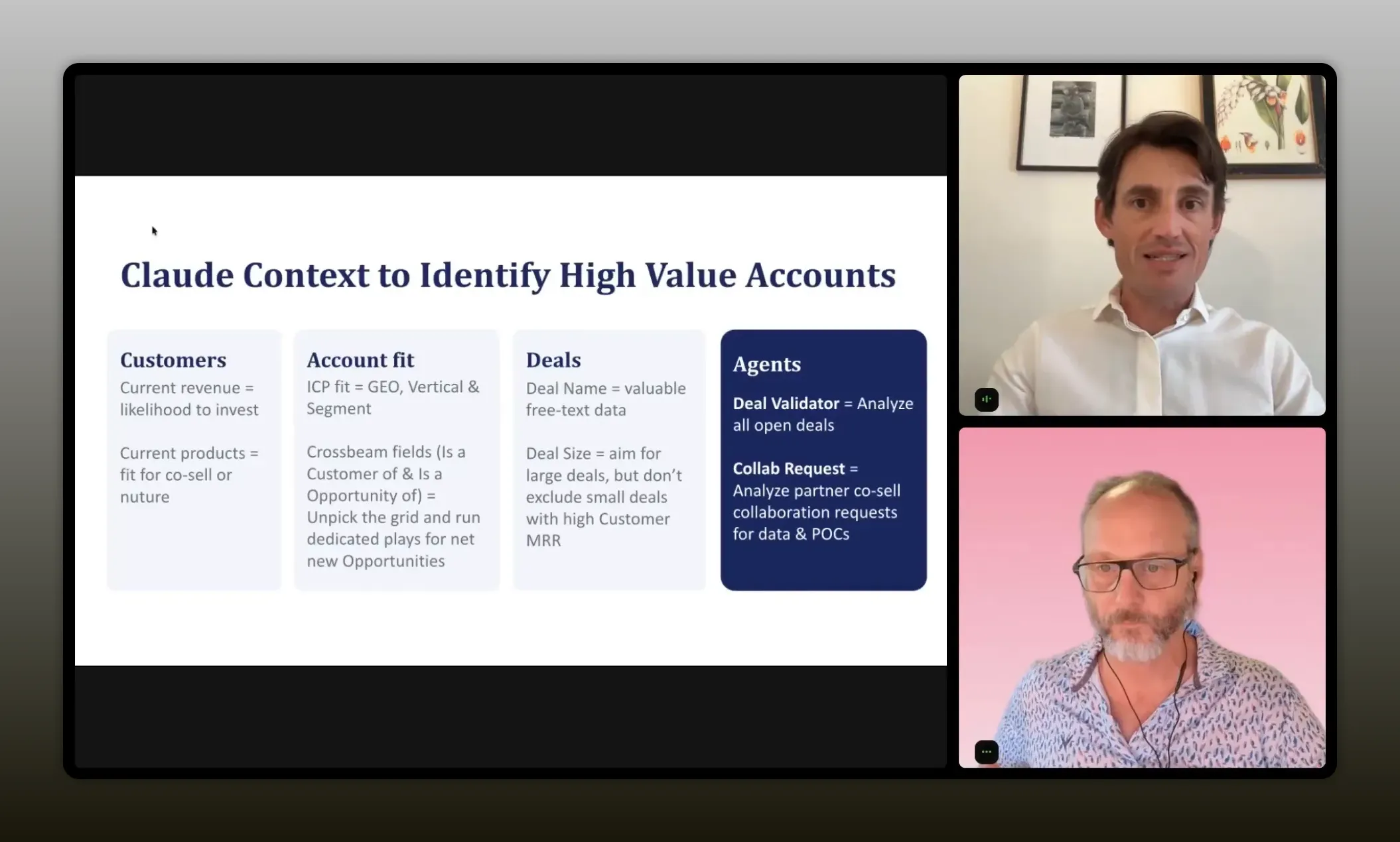 Presentation slide titled Combine CRM data to identify high-value accounts with columns for customer and deal data
