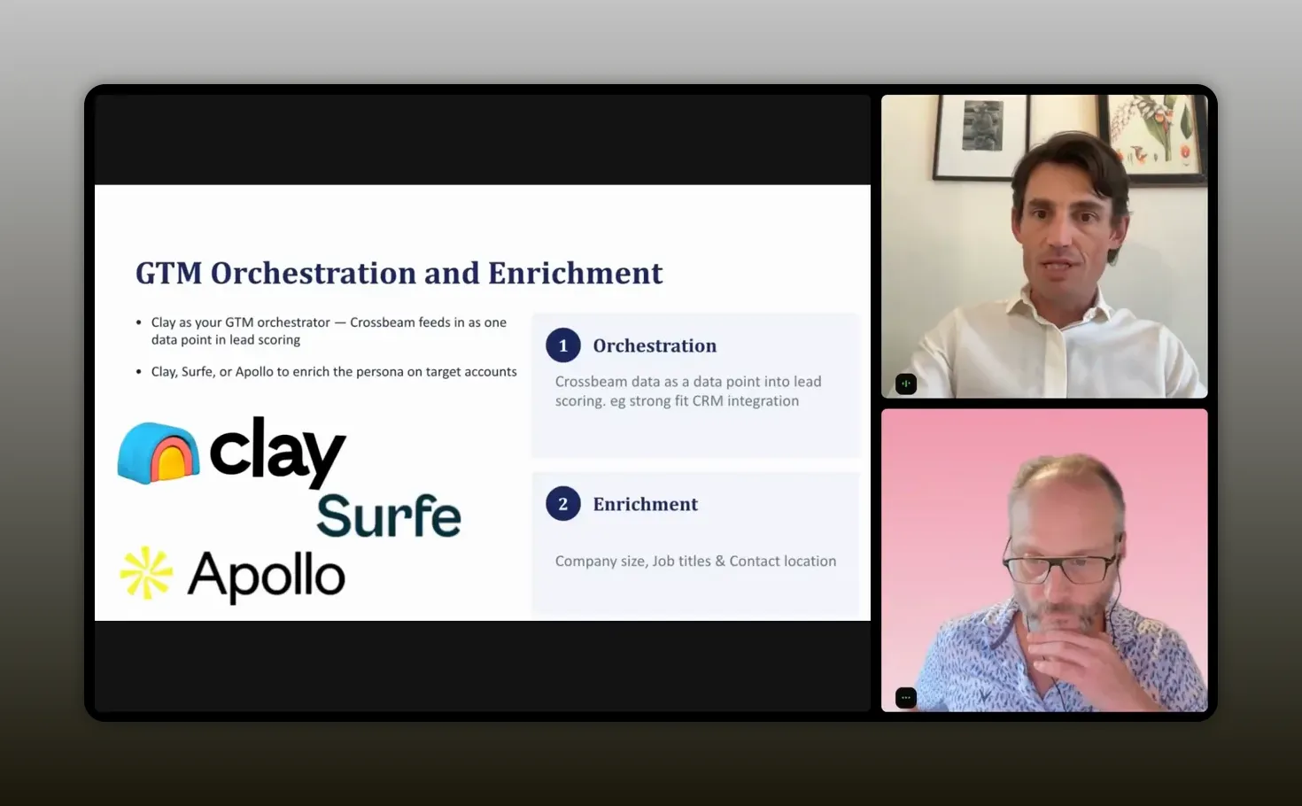 Presentation slide titled GTM orchestration and enrichment showing Clay Apollo and Surfe logos