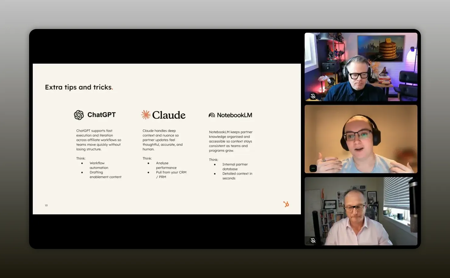 Slide showing ChatGPT, Claude, and NotebookLM as AI support tools for partnerships