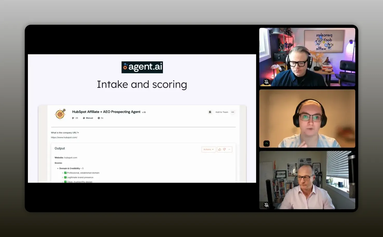 Screenshot of agent.ai intake and scoring workflow with HubSpot affiliate scoring criteria