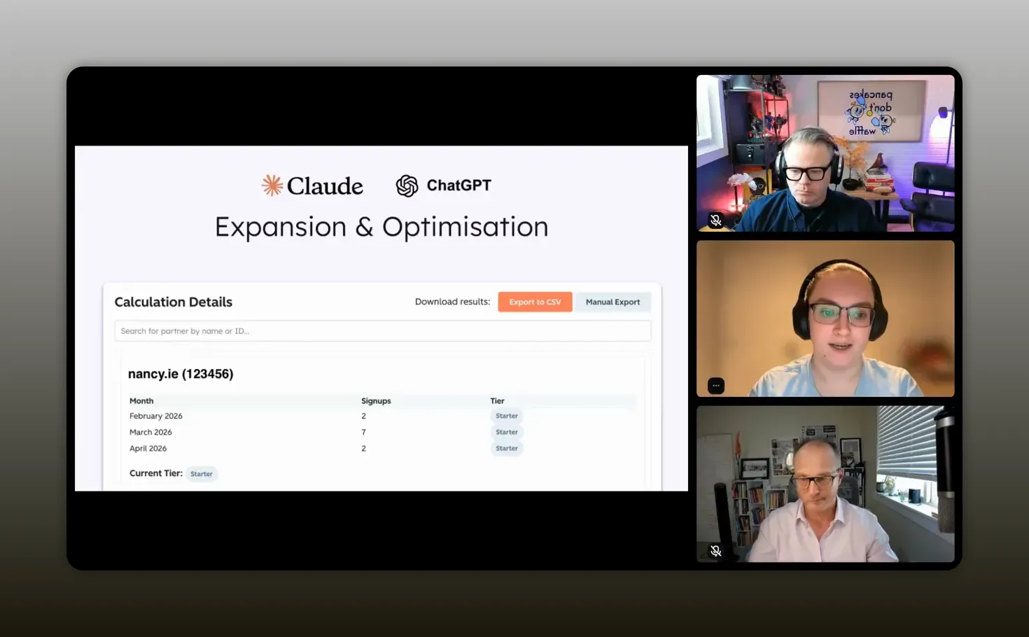 Screenshot of “Expansion & Optimisation” calculation details dashboard with Claude and ChatGPT labels