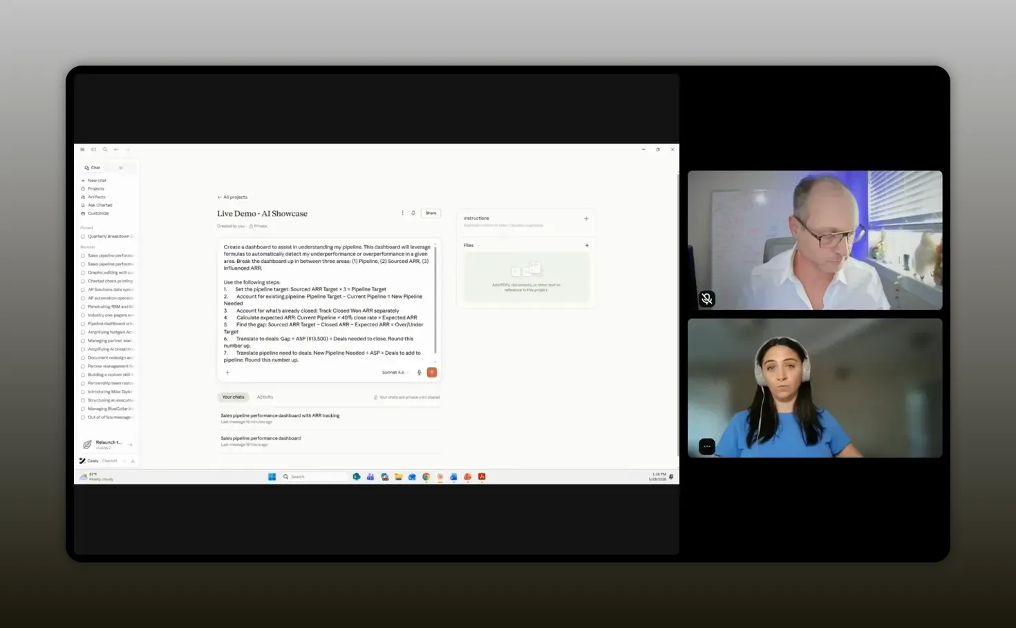 Claude interface with a long prompt describing dashboard requirements and formulas