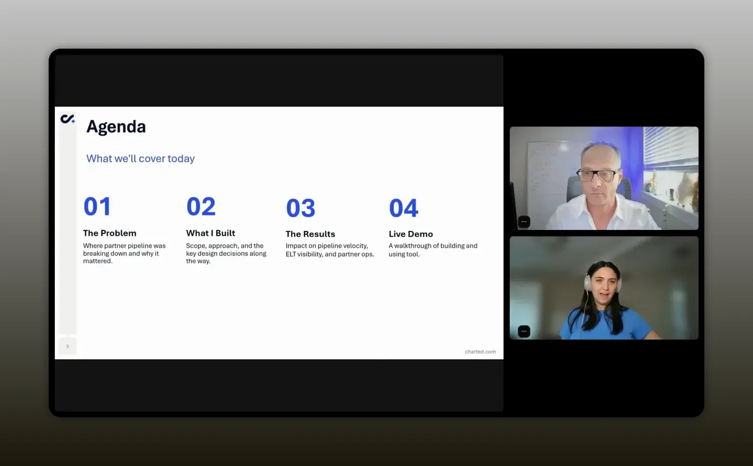 Agenda slide with four numbered sections for problem scope results and live demo