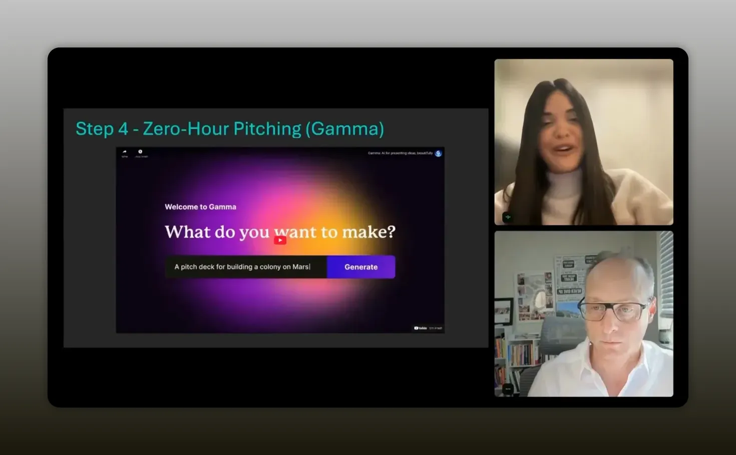 Gamma pitch deck generation screen labeled Step 4: Zero-Hour Pitching