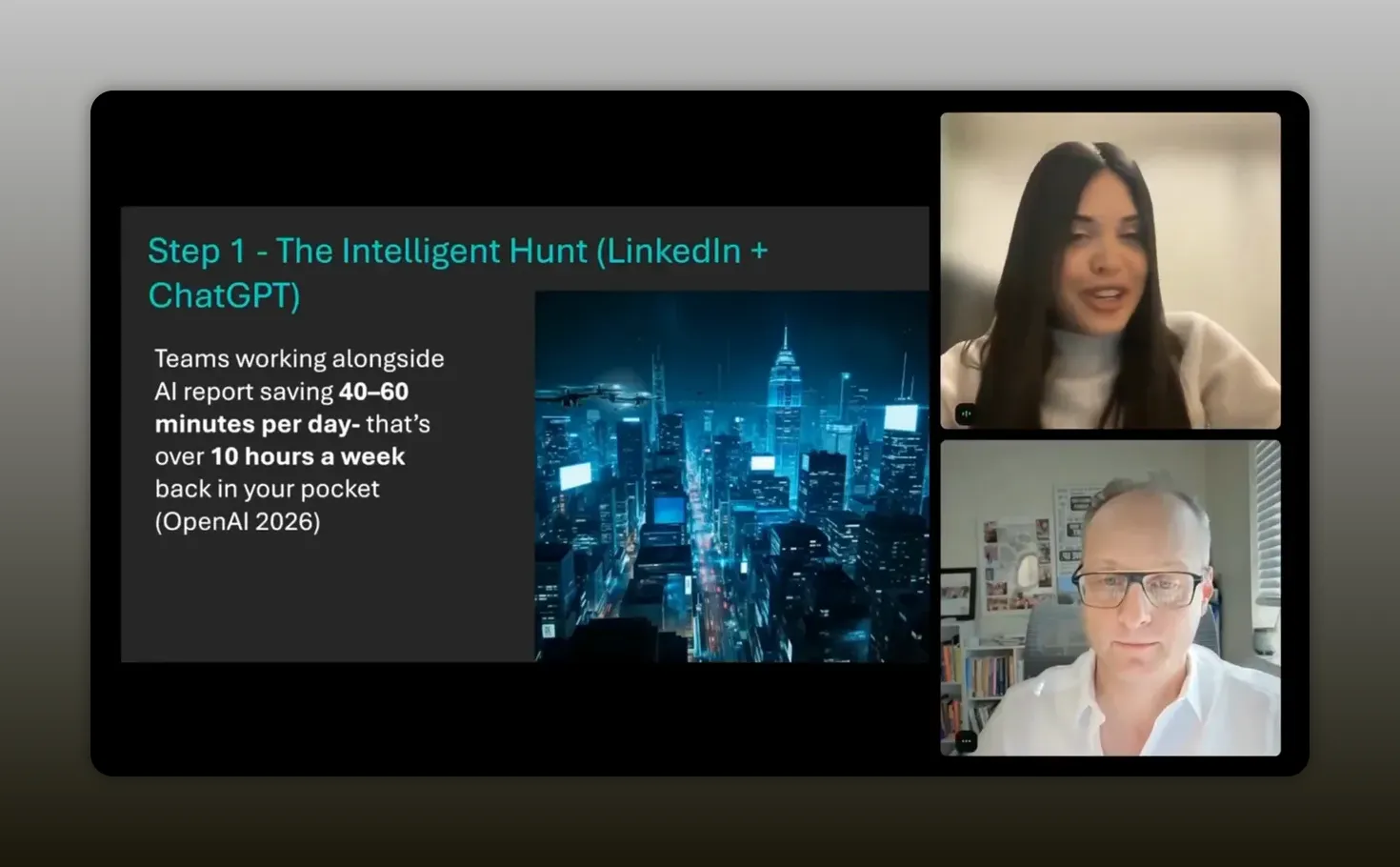 “Step 1 - The Intelligent Hunt (LinkedIn + ChatGPT)” slide and speaker video frames about using AI to draft targeted partner outreach.