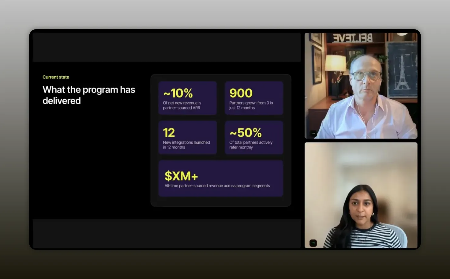 Dark slide showing Quo partnership program metrics and percentages