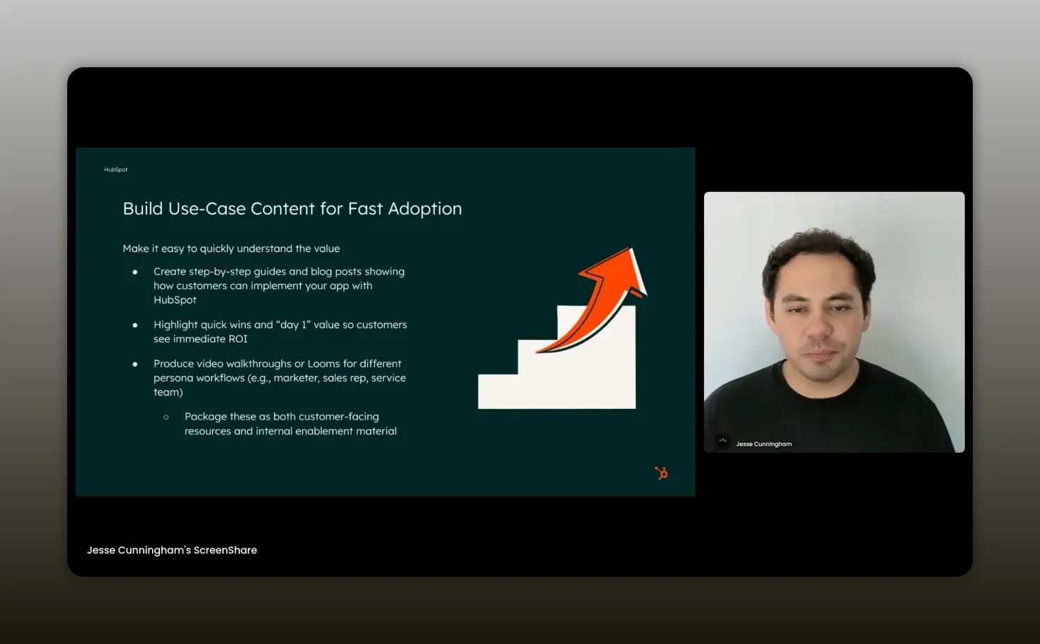 Webinar slide titled 'Build Use-Case Content for Fast Adoption' with bulleted tips on creating guides and a small speaker video panel.