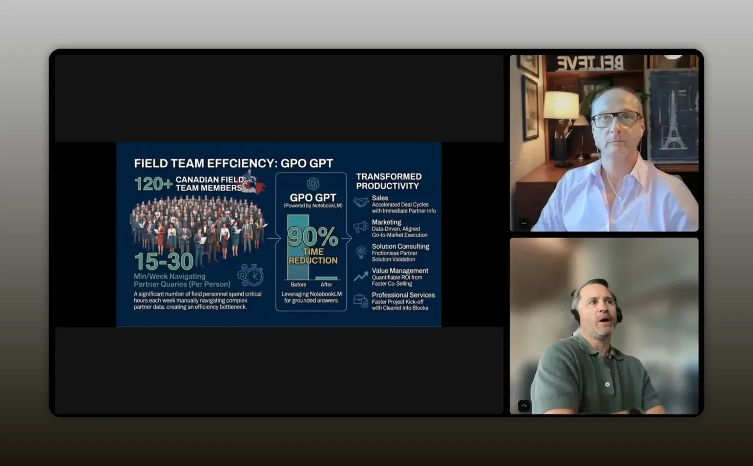 Slide summarizing efficiency gains and strategic outcomes from the partner AI notebook