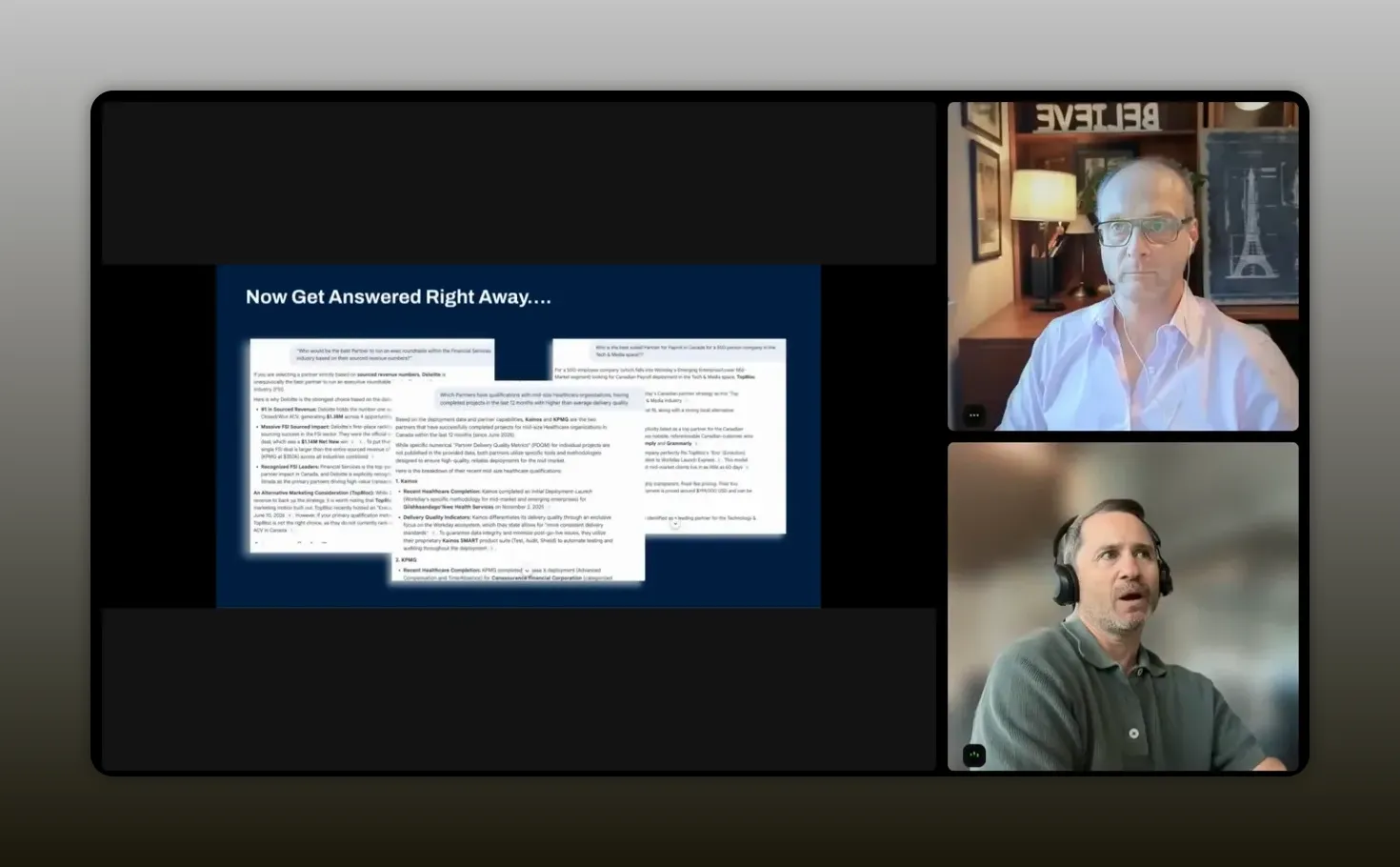 Slide showing example partner questions and AI-generated answers in response cards