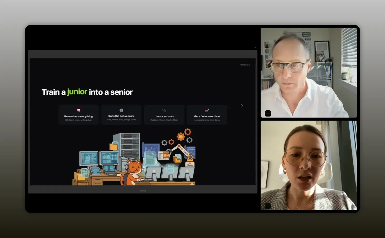 Slide titled “Train a junior into a senior” illustrating a Claude Code worker workflow