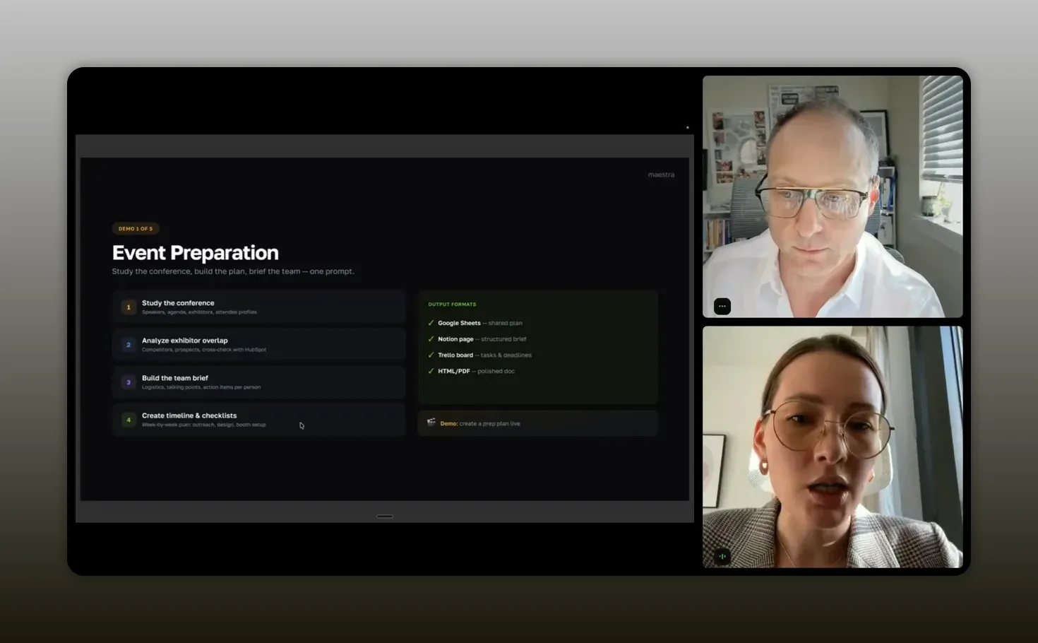 Event preparation workflow titled “Event Preparation” with output formats, shown alongside Anna during the explanation