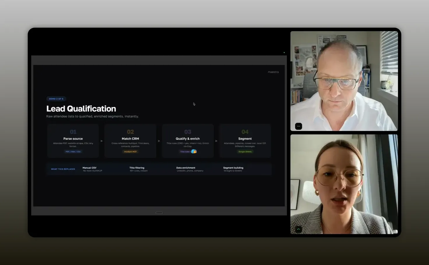 Screenshot of a lead qualification workflow with steps for parsing sources, matching CRM, enriching leads, and segmenting outreach