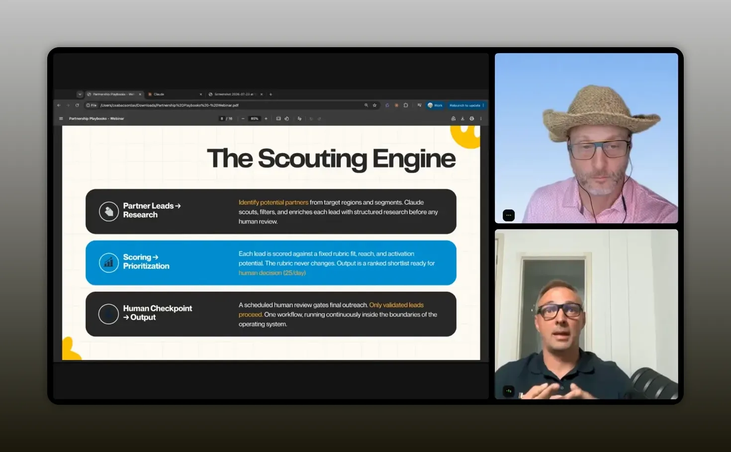Slide titled The Scouting Engine with connected workflow stages