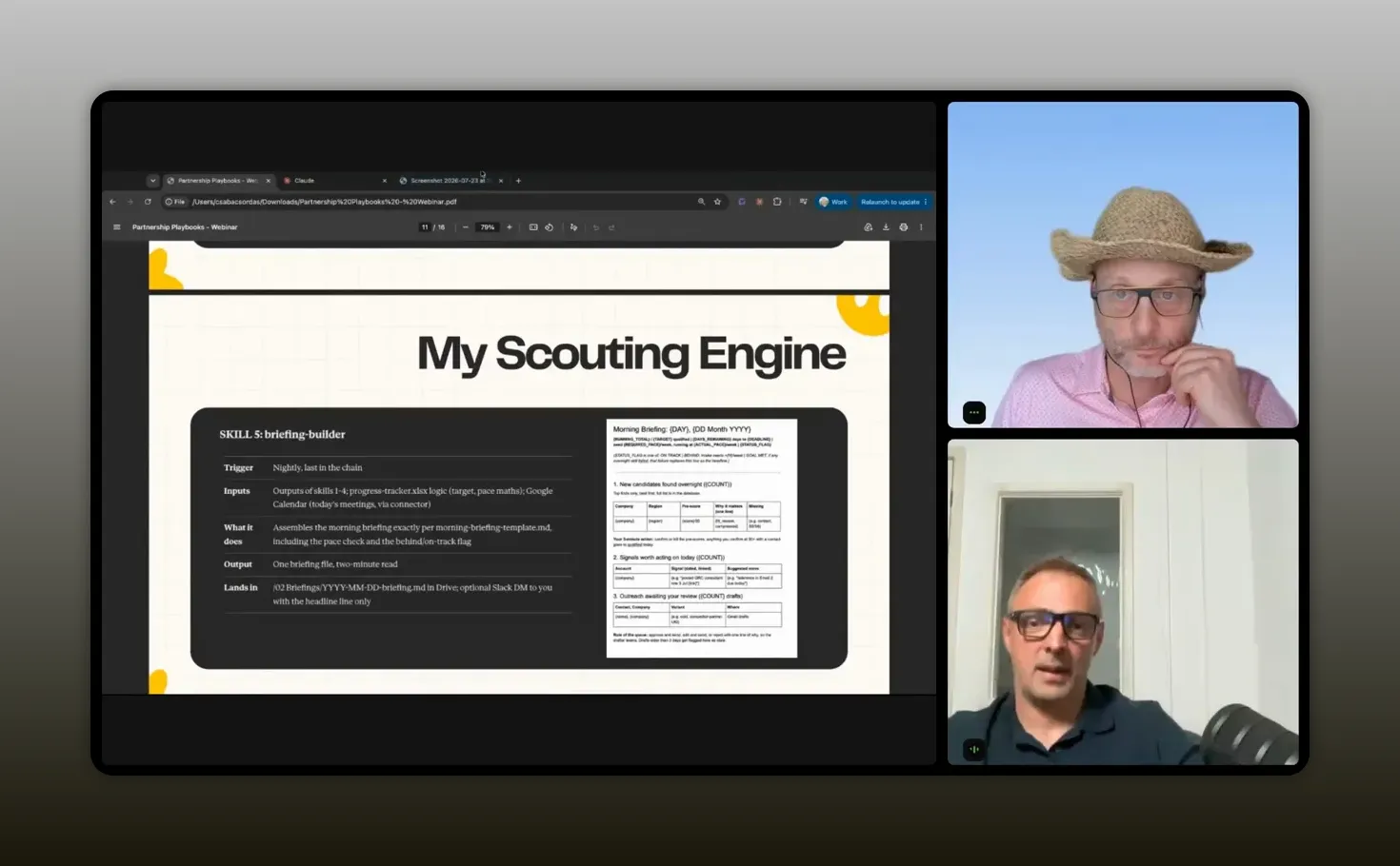 Slide titled My Scouting Engine with a briefing workflow example
