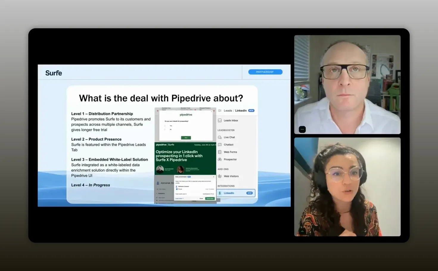 Slide detailing the partnership progression with Pipedrive from distribution partnership to in-progress product development
