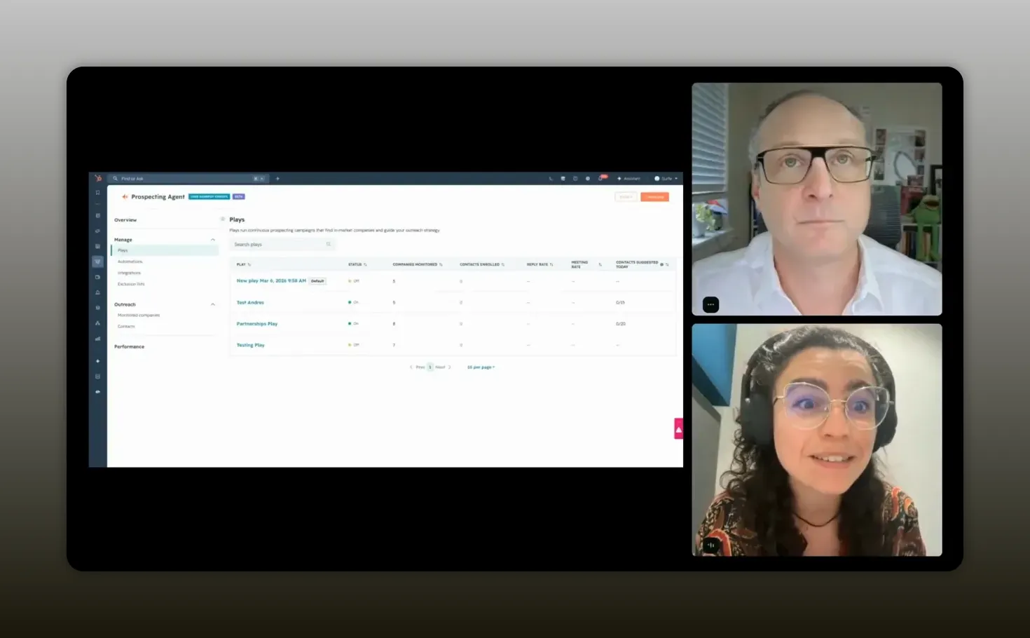 HubSpot prospecting agent interface with plays table and video panels of Marta and Justin