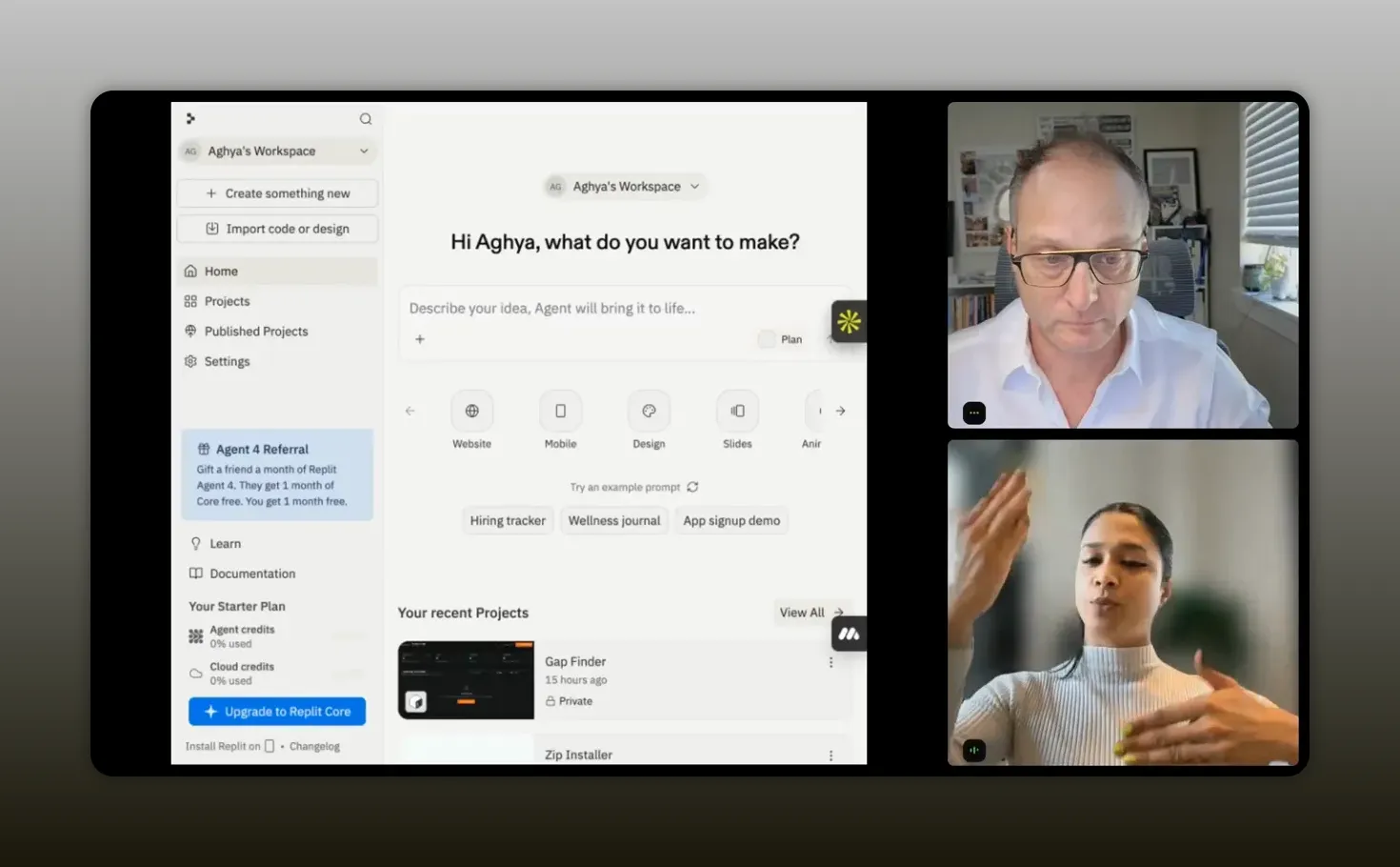 Replit workspace screen during partner recruitment agent walkthrough