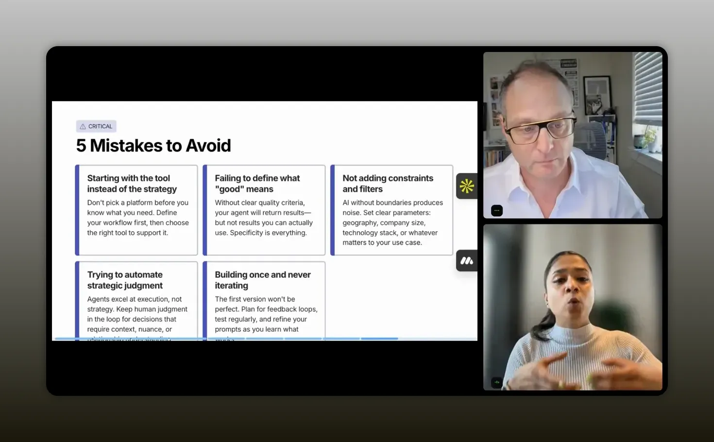 Screenshot of the “5 Mistakes to Avoid” slide showing common AI agent pitfalls and why you must add constraints and iterate.