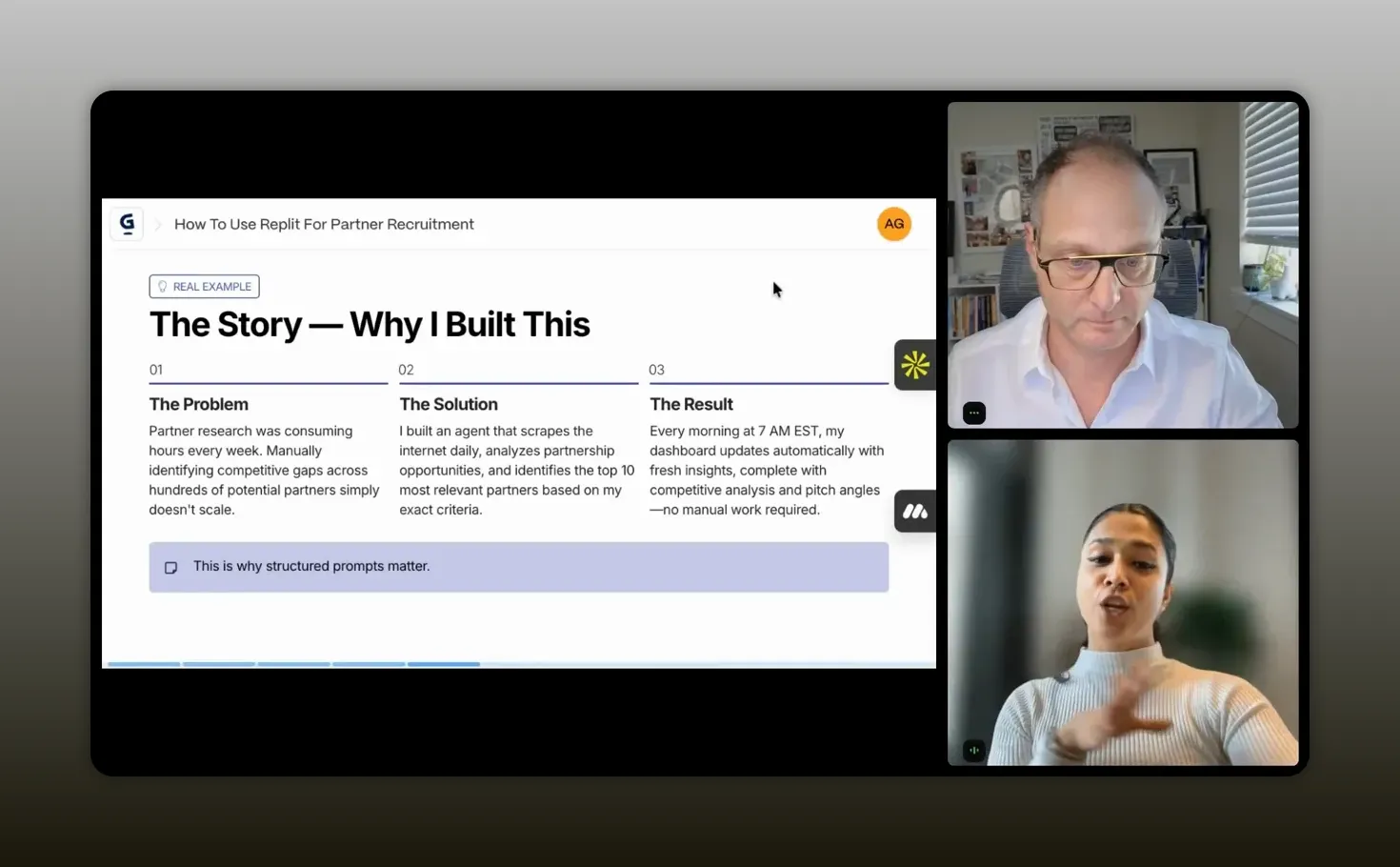 Screenshot of the “How To Use Replit For Partner Recruitment” deck showing “The Story — Why I Built This” and the daily dashboard update result